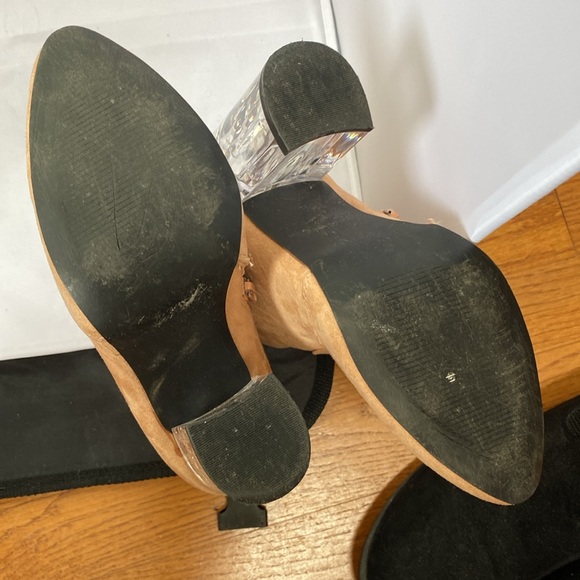 Tan Faux Suede Booties, maybe sz 61/2 to 7, 4 in acrylic heel, some flaws. - Picture 6 of 10
